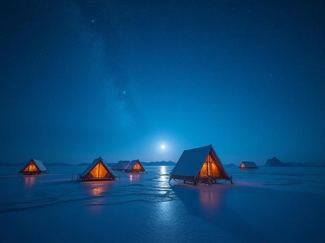 Pequeñas cabañas de pesca en hielo iluminadas bajo un cielo nocturno estrellado, la luz de la luna reflejándose en el hielo.
