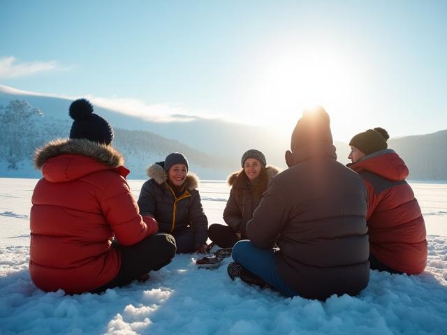 Un grupo de amigos abrigados riendo mientras pescan en el hielo en un lago cubierto de nieve, con el sol de invierno brillando.