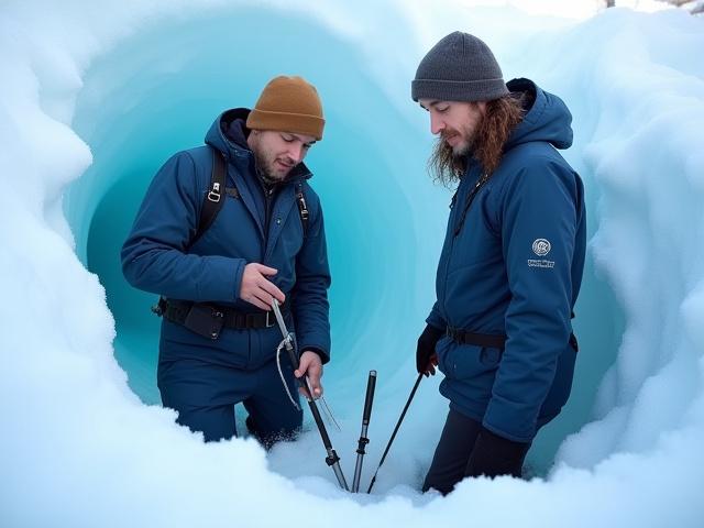 Un guía de Cobre Yelo, con equipo profesional, ayudando a un cliente a perforar un agujero en el hielo.