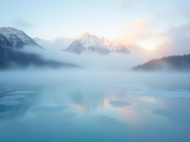 Un lago congelado al amanecer cubierto por una ligera neblina, con montañas nevadas al fondo. La luz dorada ilumina el paisaje.