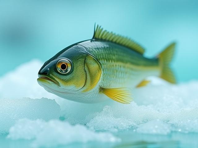 Primer plano de un pez grande, posiblemente un lucio, colocado sobre el hielo justo después de ser pescado.