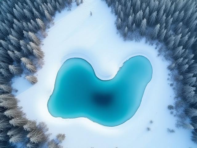 Vista aérea de un lago completamente cubierto de nieve fresca, con senderos irregulares creados por trineos. Bosque denso en los bordes.