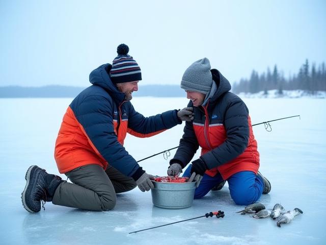 Guía de pesca en hielo ayudando a un cliente