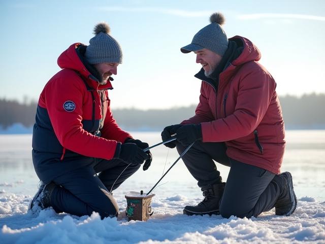 Guía de pesca en hielo explicando técnicas a un cliente en un lago helado