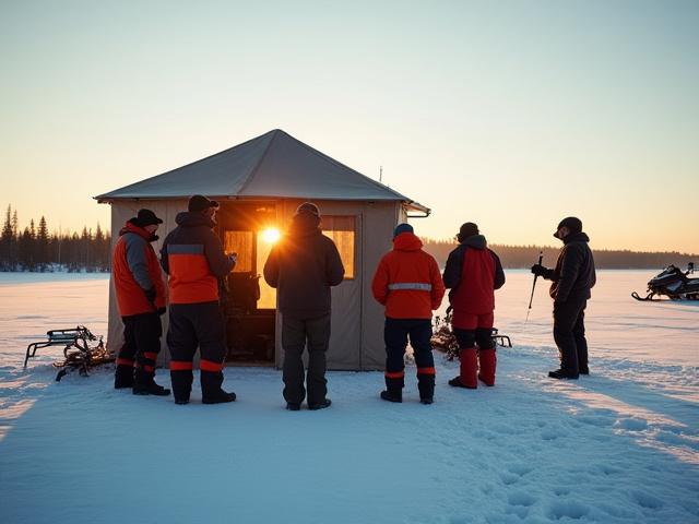 Pescadores de hielo disfrutando de un viaje premium en un lago vasto y congelado en EE. UU.