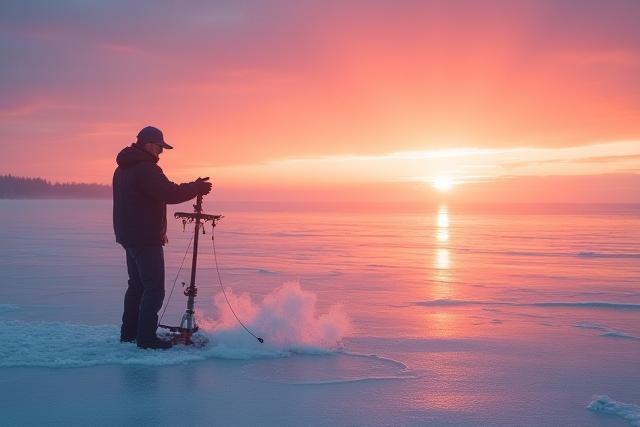 Pescador en hielo en un lago sereno al amanecer