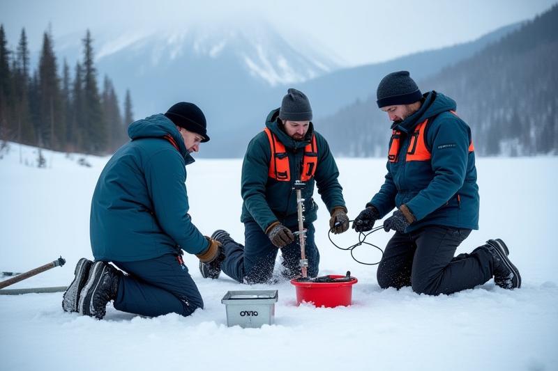 Equipo de Cobre Yelo preparando equipo de pesca en un campamento nevado